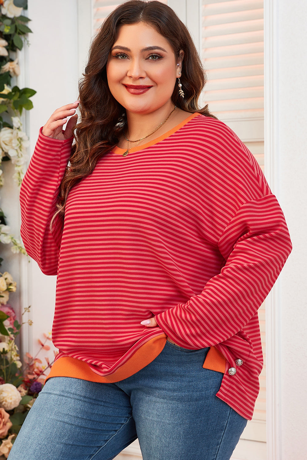 Orange Stripe Plus Size Drop Shoulder Long Sleeve Buttoned Decor Top Plus Size Long Sleeve Tops JT's Designer Fashion