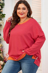 Orange Stripe Plus Size Drop Shoulder Long Sleeve Buttoned Decor Top Plus Size Long Sleeve Tops JT's Designer Fashion