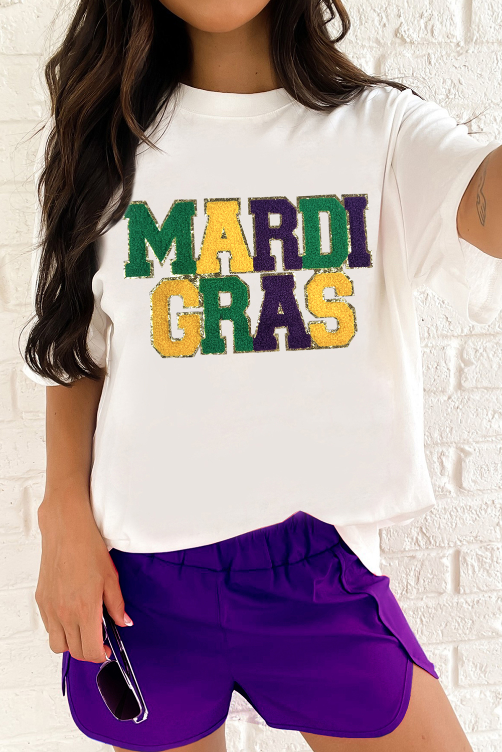 White Chenille MARDI GRAS Patched Graphic T Shirt Graphic Tees JT's Designer Fashion