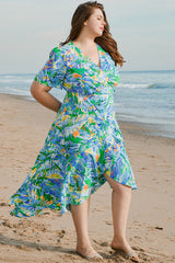 Green Leaves Print Short Sleeve Surplice Neck Ruffled Trim Plus Size Maxi Dress Plus Size Maxi Dresses JT's Designer Fashion