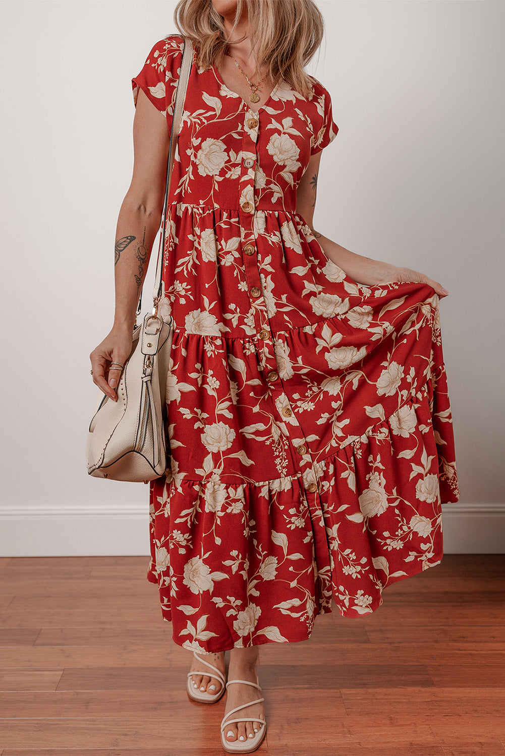 Red Floral Print Buttoned Front V Neck Tiered Short Sleeve Midi Dress Midi Dresses JT's Designer Fashion