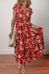 Red Floral Print Buttoned Front V Neck Tiered Short Sleeve Midi Dress Midi Dresses JT's Designer Fashion