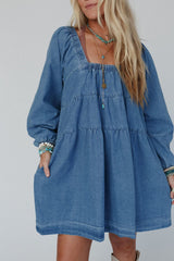 Dusk Blue Square Neck Side Pockets Loose Fit Denim Mini Dress Mini Dresses JT's Designer Fashion