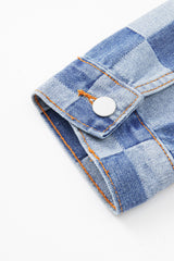 Light Blue Checkered Patchwork Button up Denim Jacket Denim Jackets JT's Designer Fashion