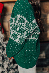 Green Christmas Snowflake Dotted Print Round Neck Sweater Sweaters JT's Designer Fashion