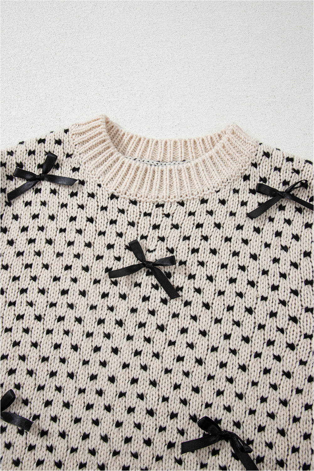 Beige Bow Decor Color Contrast Ribbed Edge Crew Neck Sweater Sweaters JT's Designer Fashion