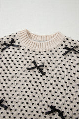 Beige Bow Decor Color Contrast Ribbed Edge Crew Neck Sweater Sweaters JT's Designer Fashion