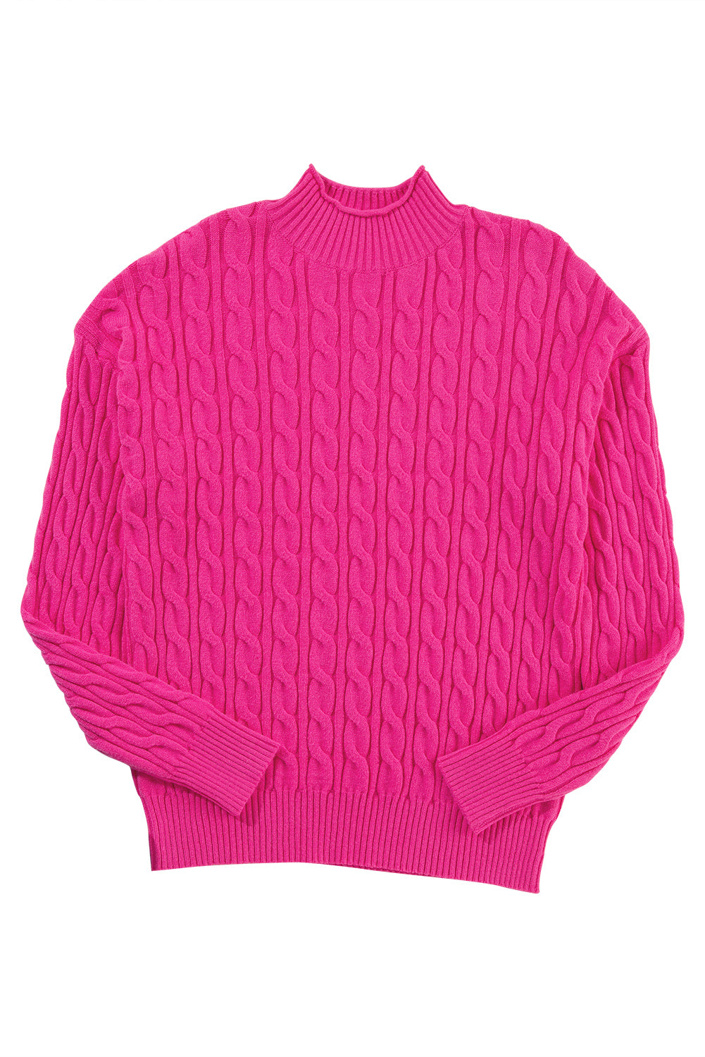 Rose Red Solid Cable Knit High Neck Drop Shoulder Sweater Sweaters JT's Designer Fashion