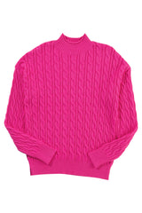 Rose Red Solid Cable Knit High Neck Drop Shoulder Sweater Sweaters JT's Designer Fashion