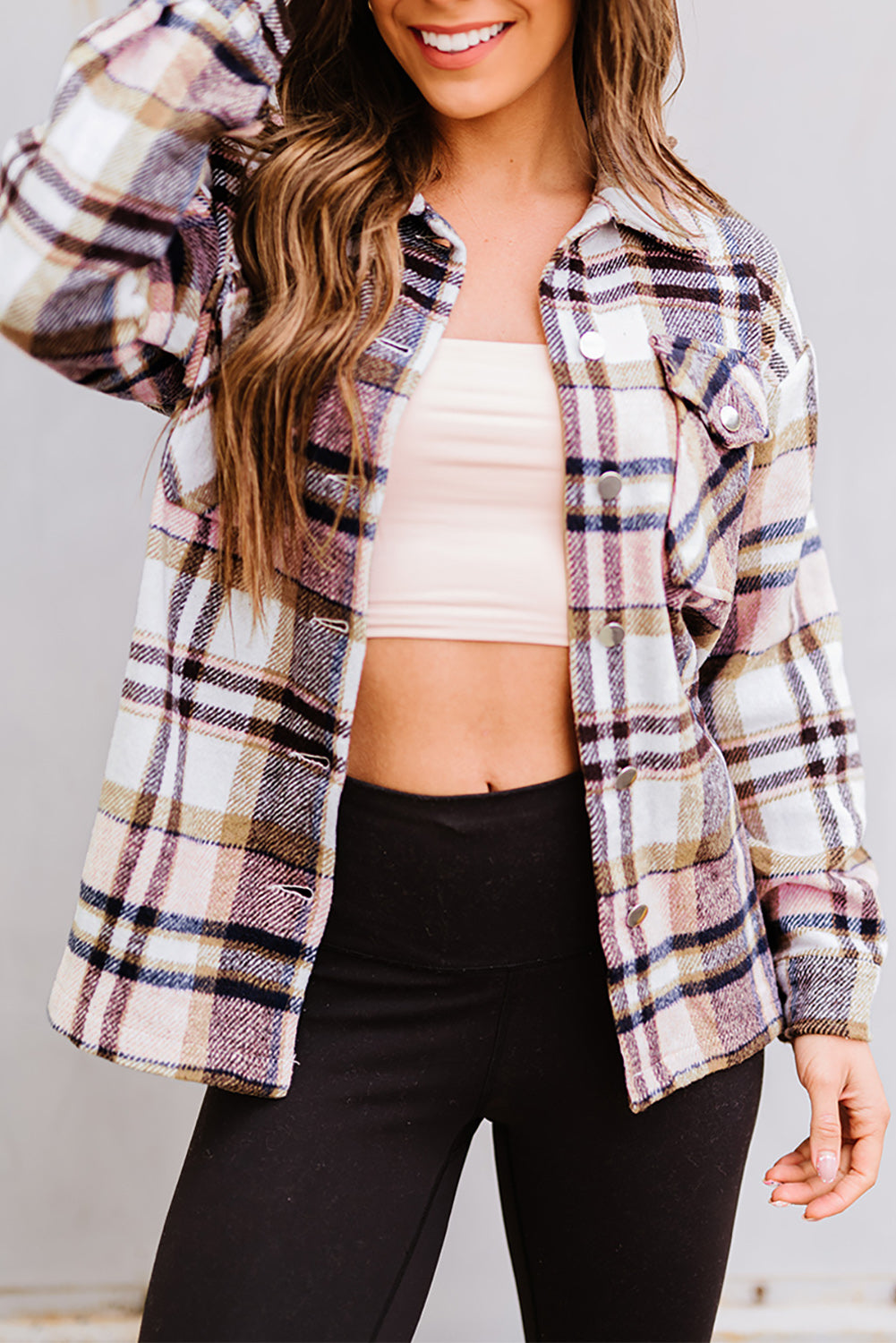 Pink Geometric Plaid Print Pocketed Shacket Pink 100%Polyester Plaid Shackets JT's Designer Fashion