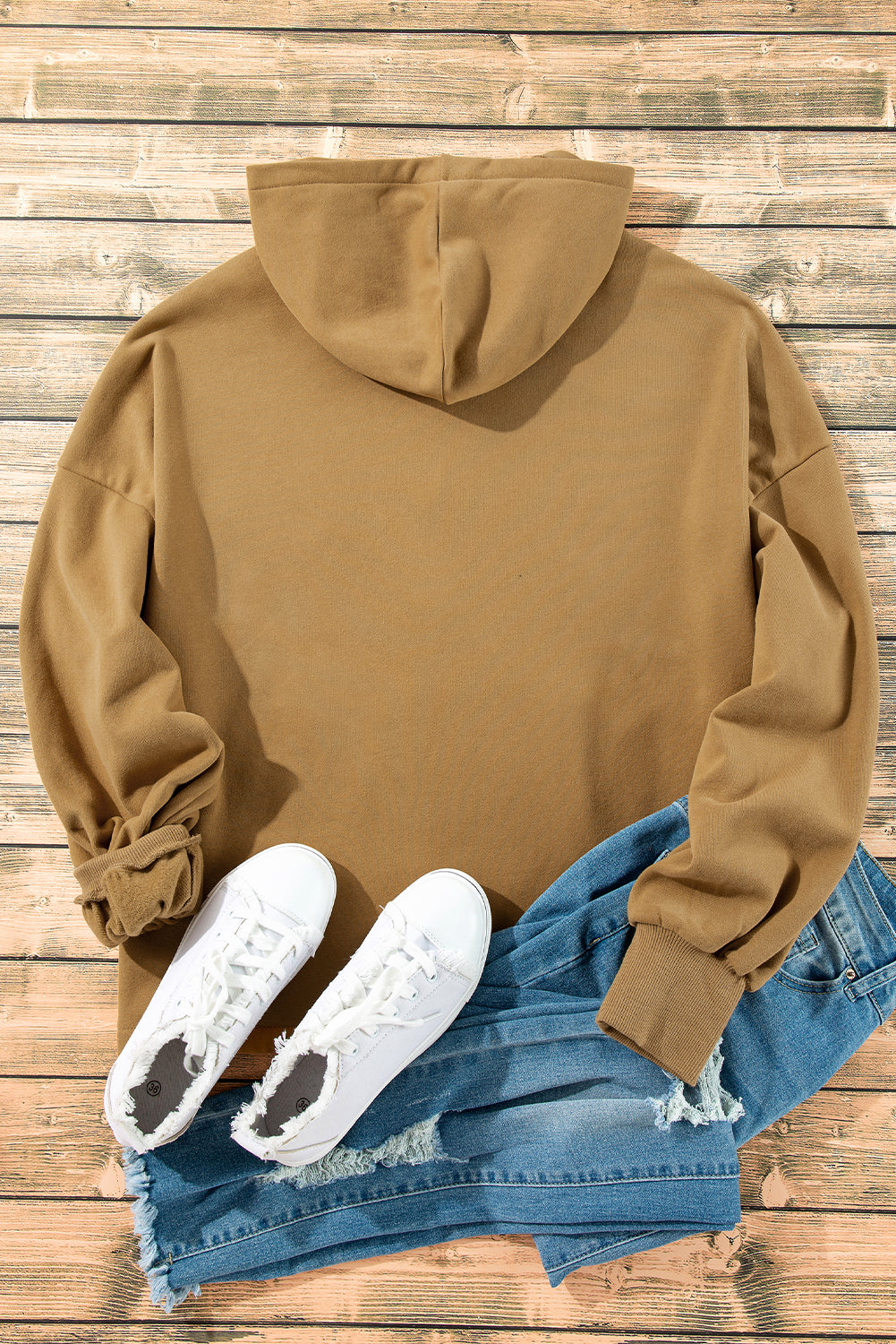 Brown Fleece Lined Half Zipper Kangaroo Pockets Loose Hoodie Sweatshirts & Hoodies JT's Designer Fashion