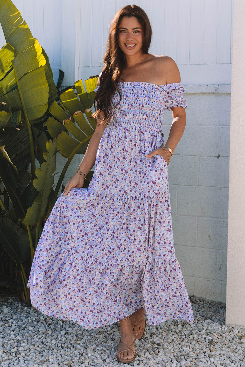 Purple Floral Short Bubble Sleeve Shirred High Waist Long Dress Purple 100%Polyester Maxi Dresses JT's Designer Fashion