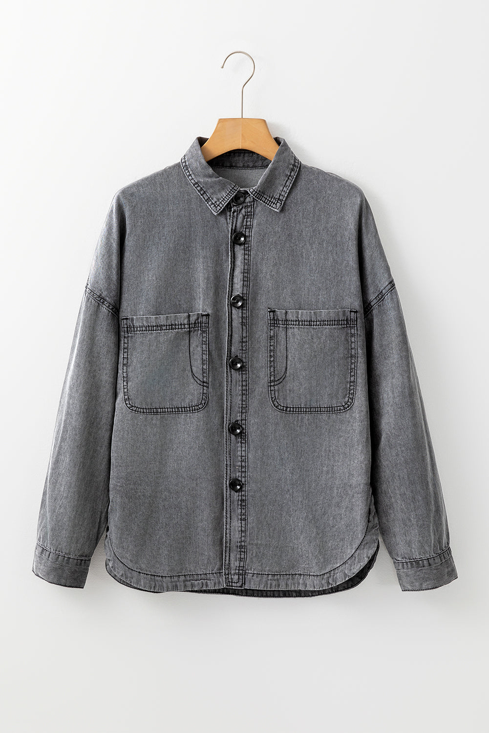 Medium Grey Mineral Wash Patched Pocket Split Denim Jacket Denim Jackets JT's Designer Fashion