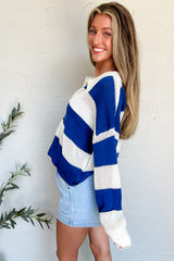 Blue Stripe Colorblock Polo Collar Eyelet Crochet Knitted Sweater Sweaters JT's Designer Fashion