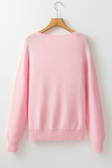 Pink Knitted Flower Pattern Ribbed Edge Sweater Sweaters JT's Designer Fashion