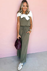 Vineyard Green Buttoned Drawstring Waist Sleeveless Wide Leg Jumpsuit Jumpsuits & Rompers JT's Designer Fashion