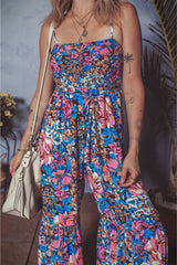Pink Floral Smocked Bust Spaghetti Straps Wide Leg Jumpsuit Jumpsuits & Rompers JT's Designer Fashion