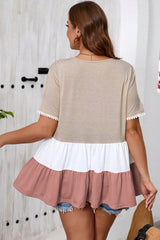 Beige Plus Size Color Block Lace Trim Ruffled Blouse Plus Size Blouses & Shirts JT's Designer Fashion