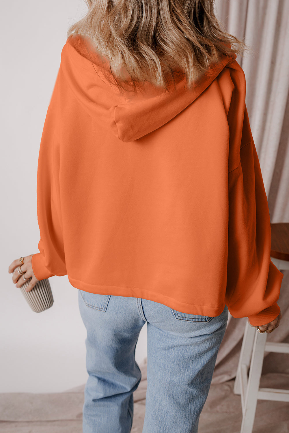 Orange Fleece Lined Half Zipper Kangaroo Pockets Loose Hoodie Sweatshirts & Hoodies JT's Designer Fashion