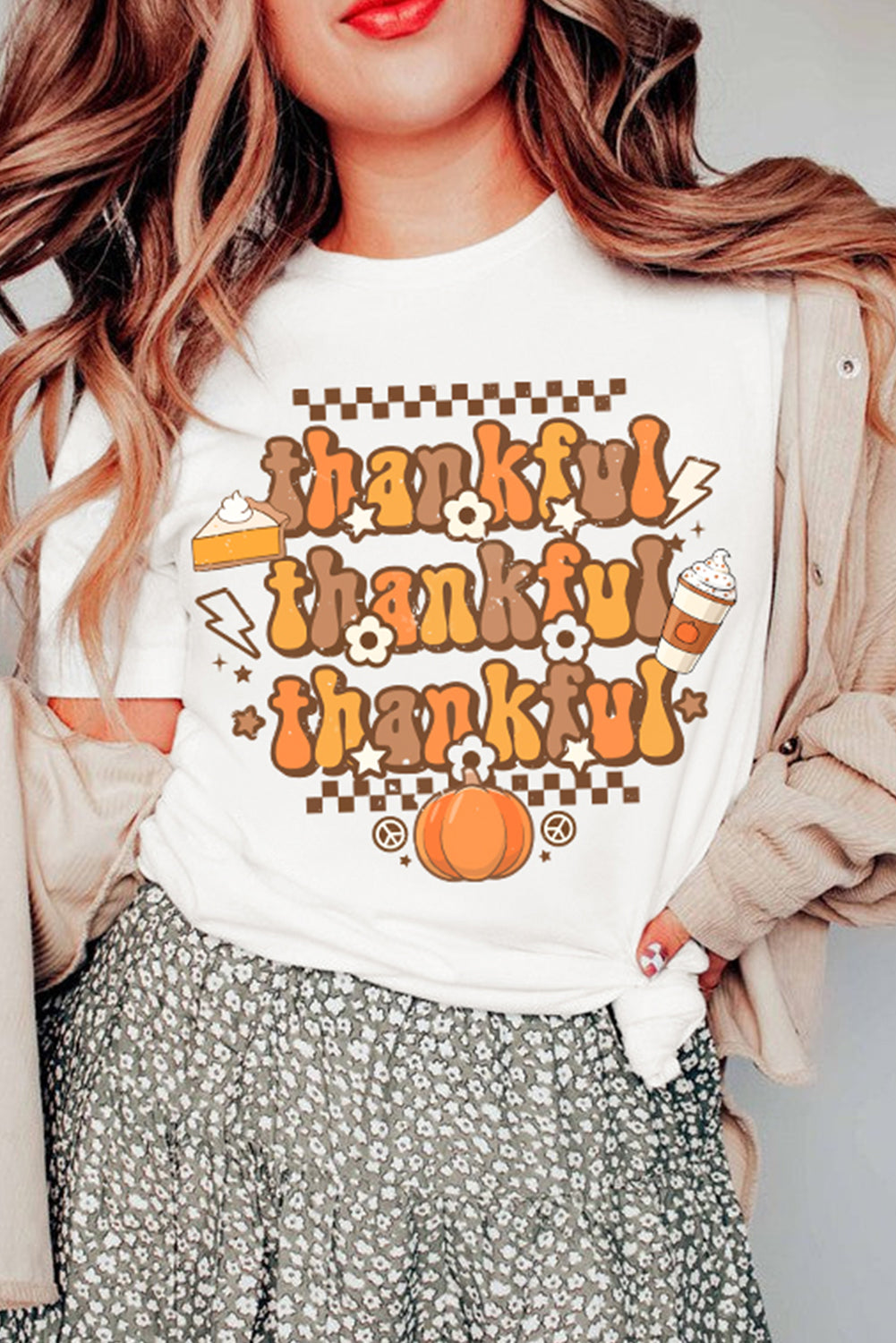 Khaki thankful Crew Neck Thanksgiving Graphic Tee Graphic Tees JT's Designer Fashion