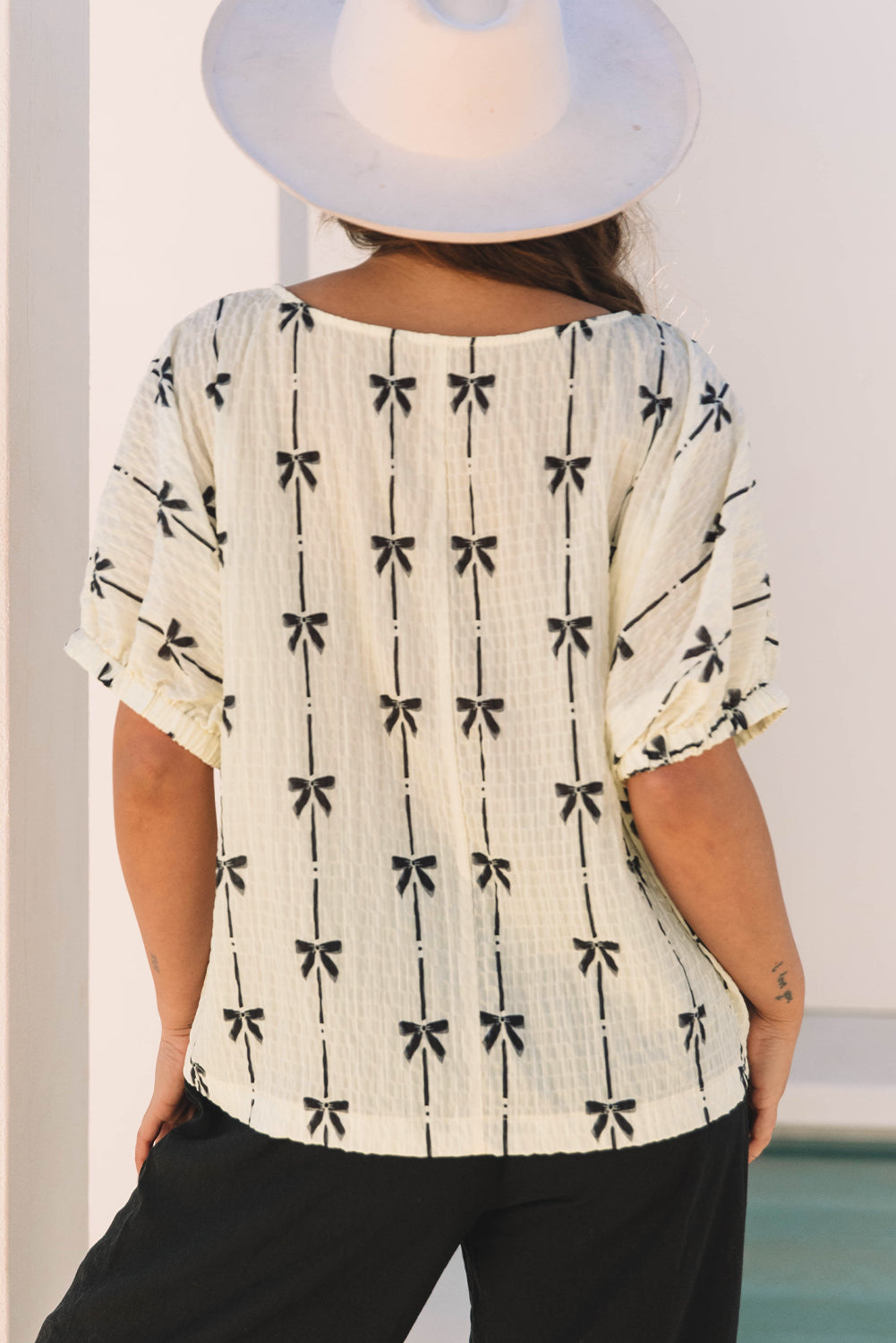 Beige Bow Print Puff Short Sleeve Top Blouses & Shirts JT's Designer Fashion