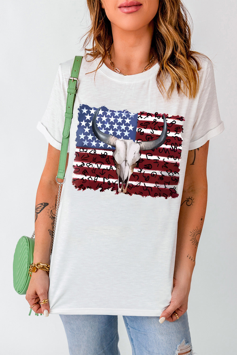 White Bull Skull American Flag Graphic Tee Graphic Tees JT's Designer Fashion