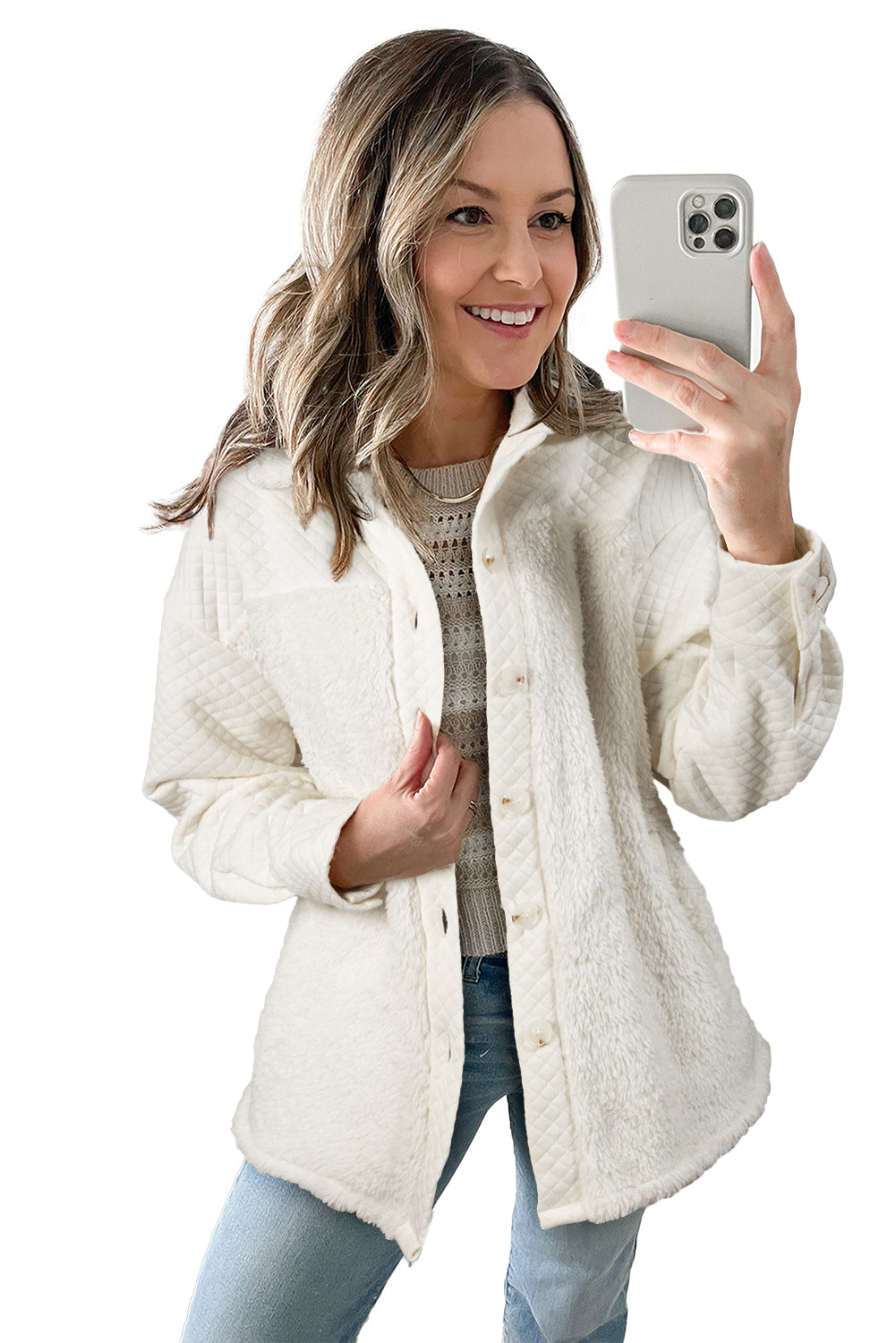White Solid Color Quilted Sherpa Patchwork Button Up Shacket Jackets JT's Designer Fashion