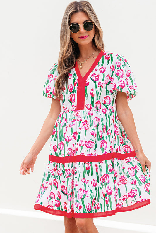 Pink Floral Print Contrast Trim V Neck Bubble Short Sleeve Babydoll Dress Pink 100%Polyester Floral Dresses JT's Designer Fashion