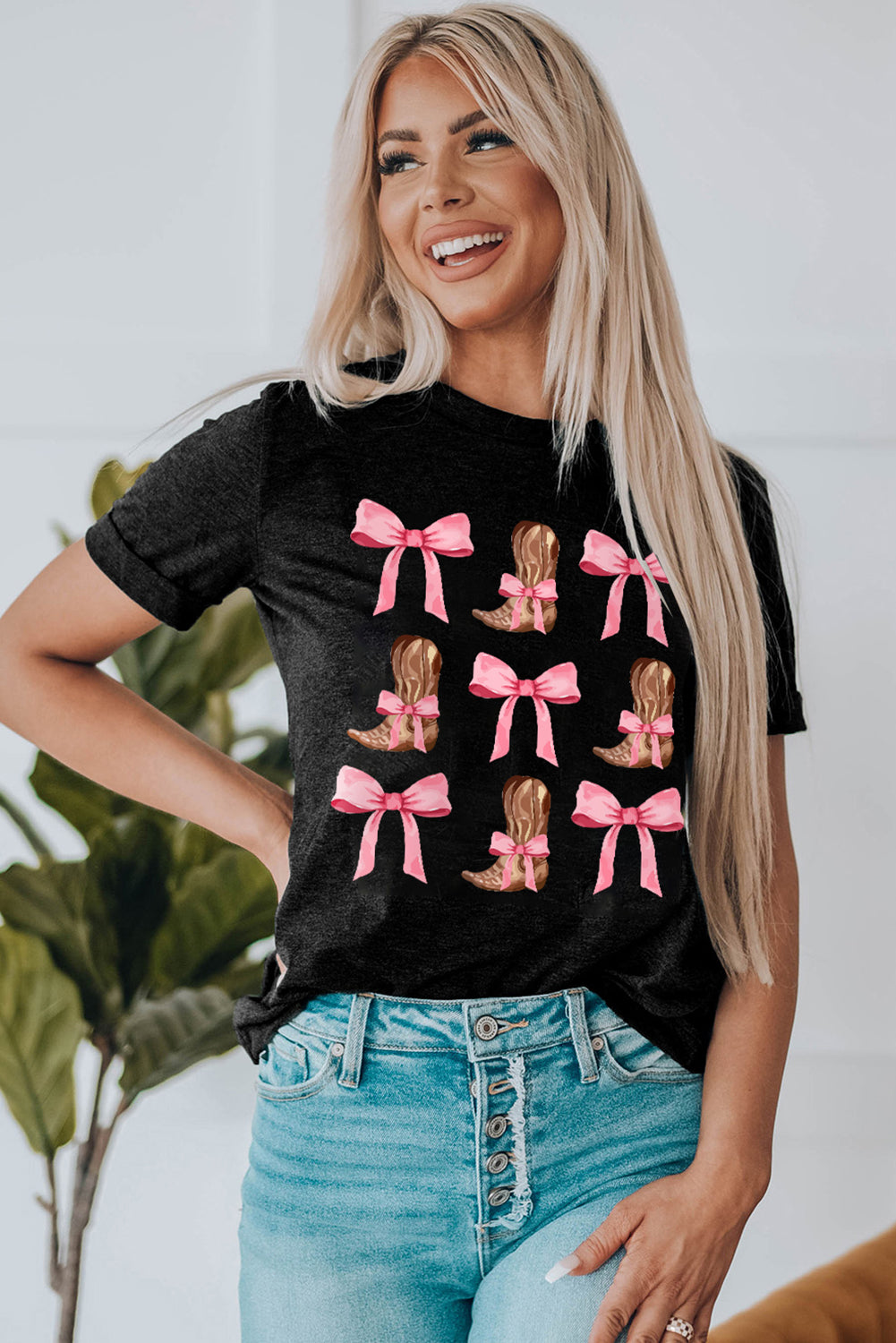 Black Western Cowboy Boots Crew Neck Graphic Tee Graphic Tees JT's Designer Fashion