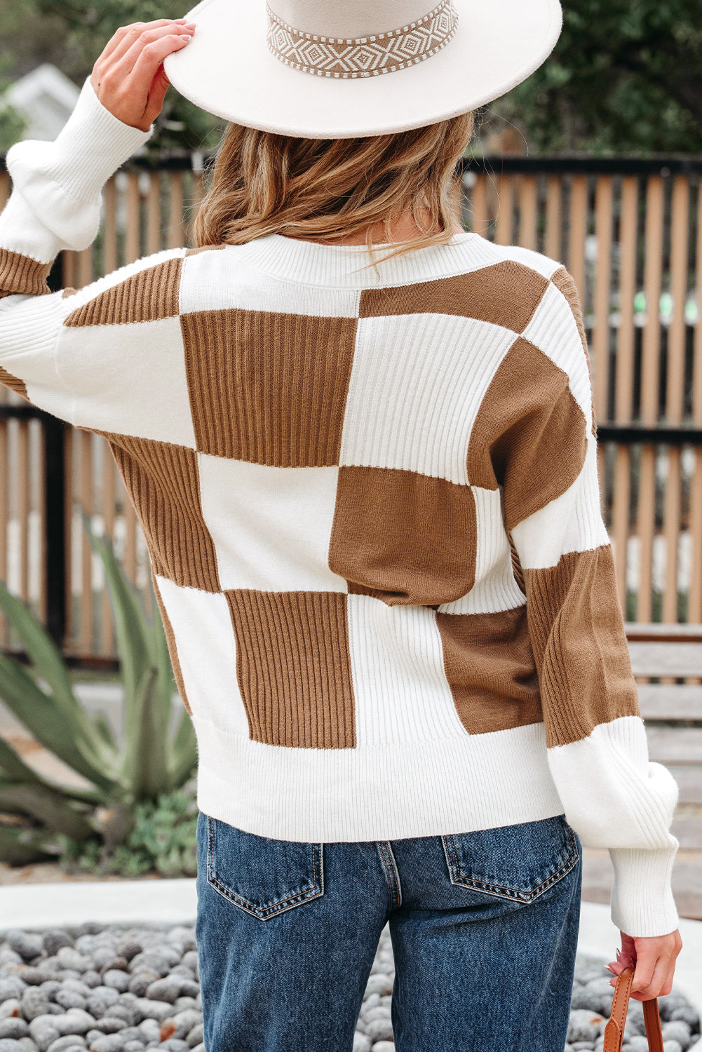 Khaki Checkered Pattern Ribbed Detail Button V Neck Sweater Cardigan Cardigans JT's Designer Fashion