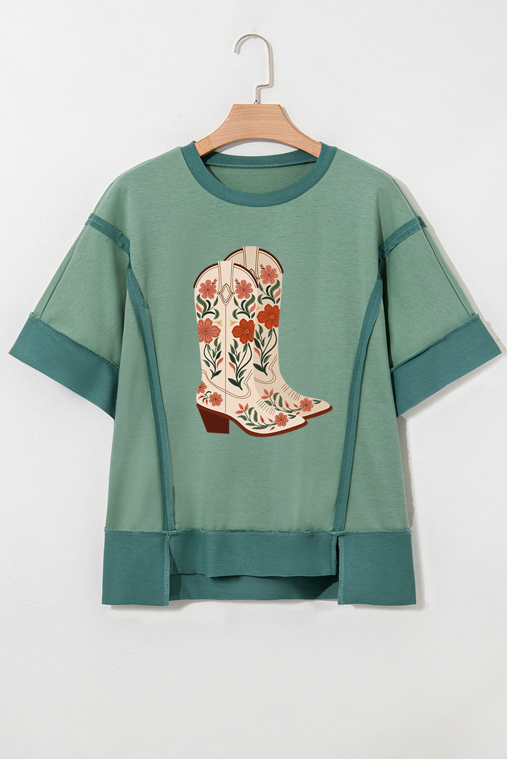 Smoke Green Floral Boots Printed Raw Seam Mix Texture Patchwork Tee Graphic Tees JT's Designer Fashion
