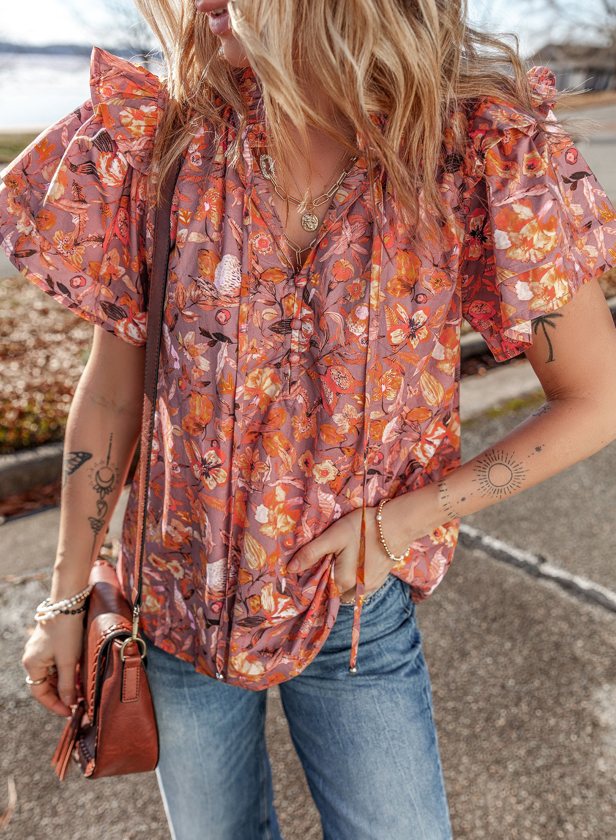 Orange Floral Print Ruffled Flutter Sleeve Frilled V Neck Blouse Blouses & Shirts JT's Designer Fashion