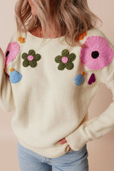 Beige Knitted Flower Pattern Ribbed Edge Sweater Sweaters JT's Designer Fashion