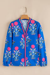 Blue Floral Print Contrast Striped Trim Notched Neck Long Sleeve Blouse Blouses & Shirts JT's Designer Fashion