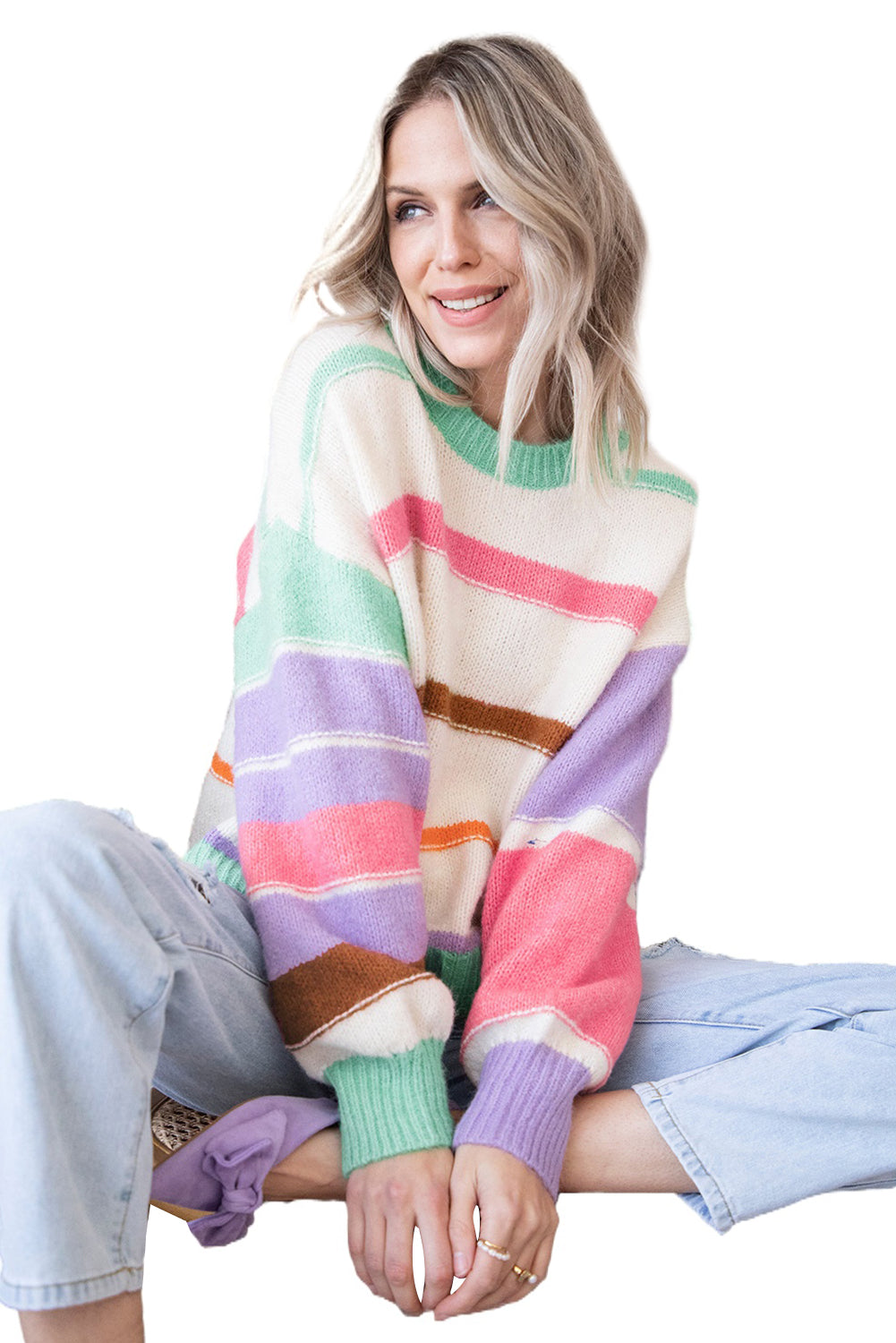Multicolor Striped Colorblock Drop Shoulder Sweater Sweaters & Cardigans JT's Designer Fashion