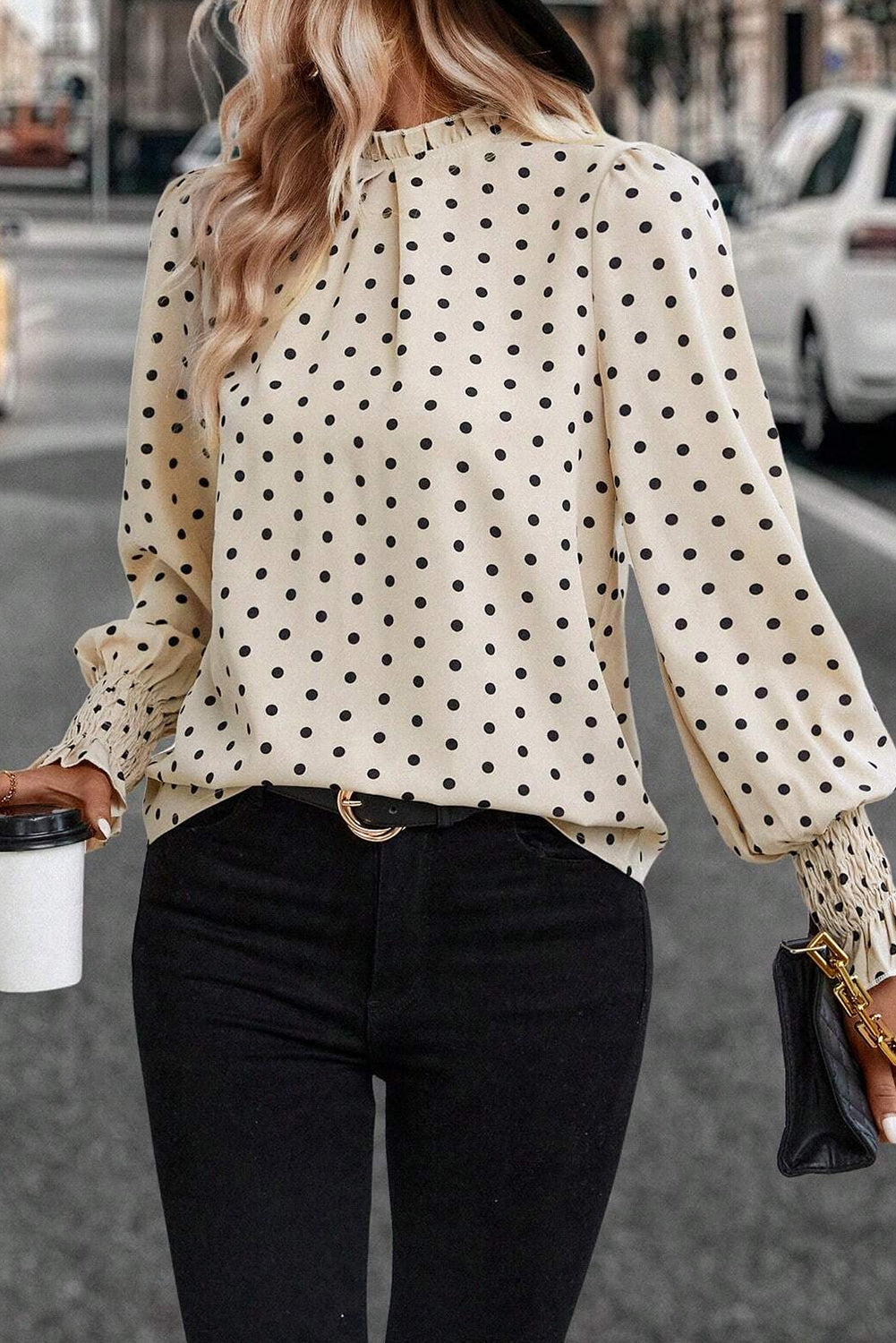 Apricot Polka Dot Print Frilled Collar Lantern Sleeve Blouse Blouses & Shirts JT's Designer Fashion