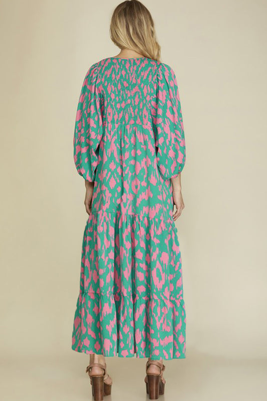 Green Abstract Print Puff Sleeve Tied Notched Neck Long Dress Maxi Dresses JT's Designer Fashion