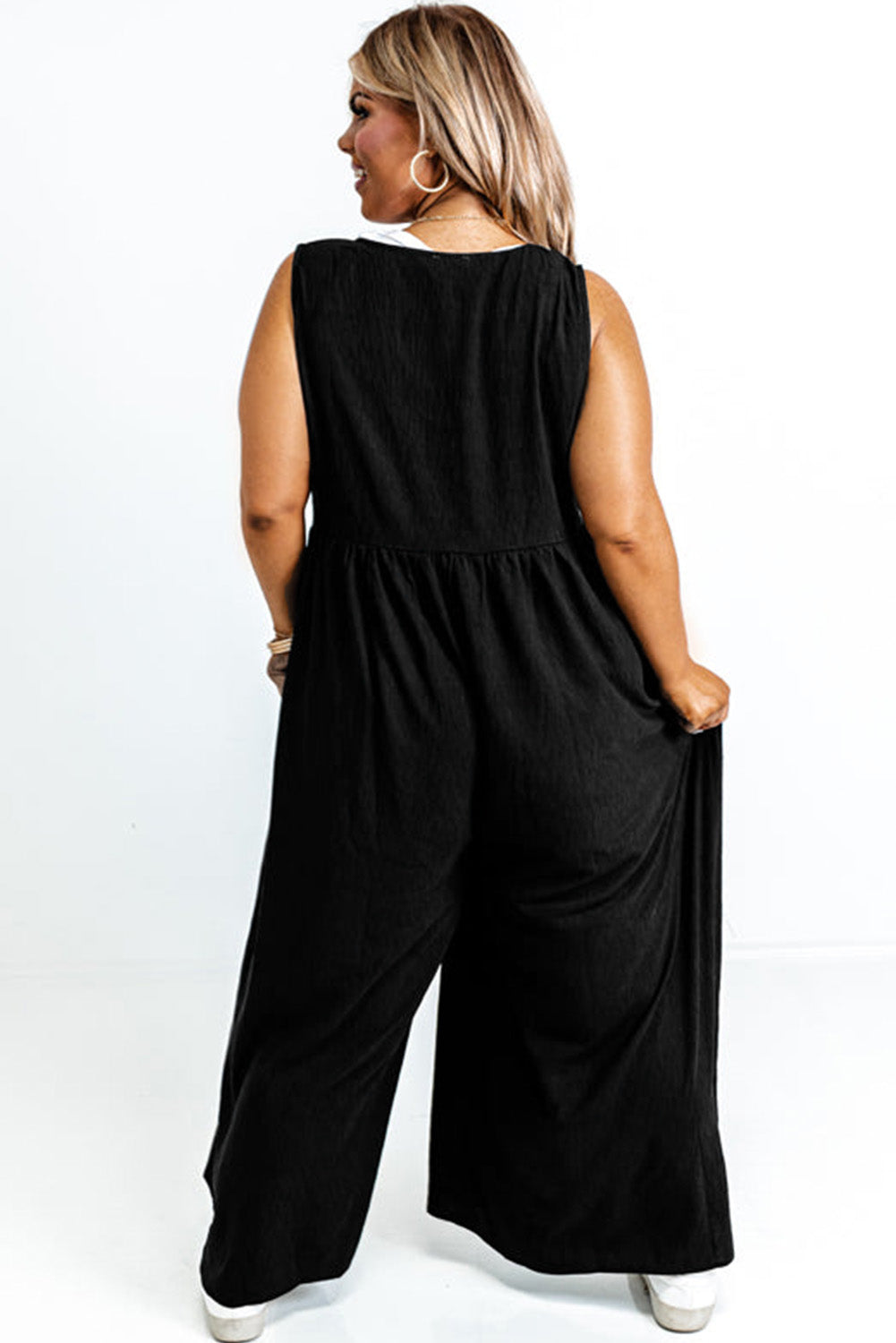 Black Plus Size Sleeveless Button Front Loose Jumpsuit Plus Size Bottoms JT's Designer Fashion