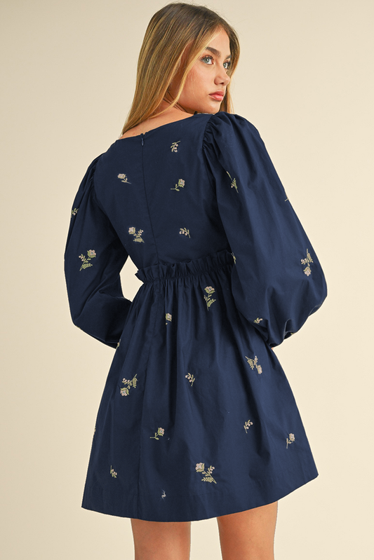 Blue Floral Embroidered Square Neck Puff Sleeve Ruffled Mini Dress Mini Dresses JT's Designer Fashion