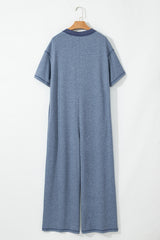Beau Blue Half Placket Chest Pockets Short Sleeve Wide Leg Jumpsuit Jumpsuits & Rompers JT's Designer Fashion