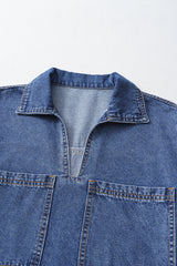 Blue Short Sleeve Collared Patched Pocket Denim Mini Dress Mini Dresses JT's Designer Fashion