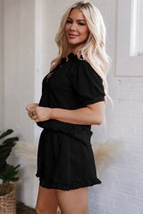 Black Half Zip Puff Sleeve Top and Ruffled Shorts Set Short Sets JT's Designer Fashion