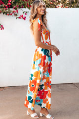 Orange Floral Self Tied Straps Smocked Bust Maxi Dress Floral Dresses JT's Designer Fashion
