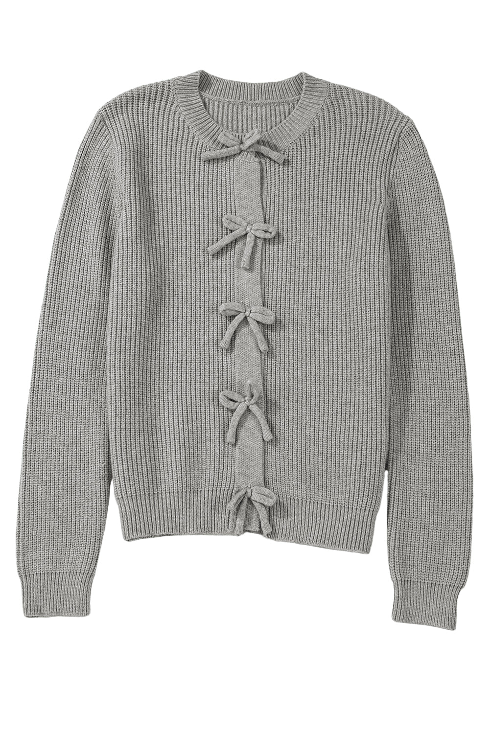 Philippine Gray Ribbed Knit Bow Front Buttoned Cardigan Cardigans JT's Designer Fashion