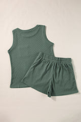 Mist Green Waffle Knit Patched Pocket Tank and Drawstring Shorts Set Short Sets JT's Designer Fashion
