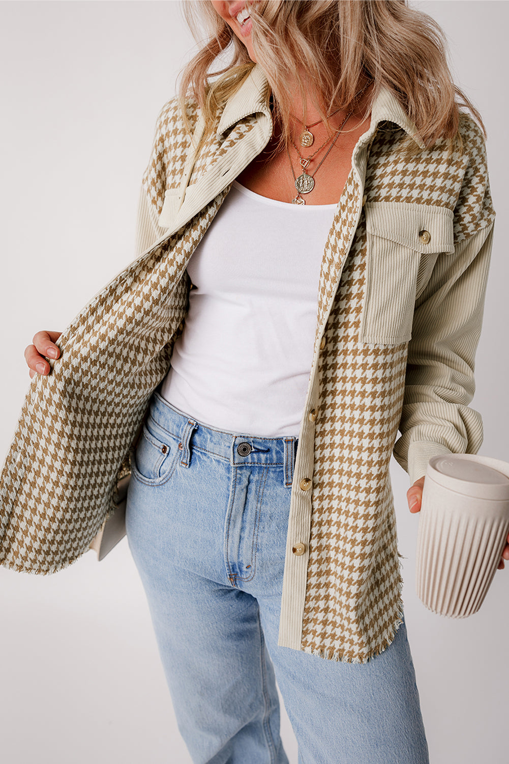Parchment Houndstooth Corduroy Patchwork Flap Pocket Shacket Jackets JT's Designer Fashion