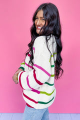 White Colorful Striped Drop Shoulder Crew Neck Sweater Sweaters JT's Designer Fashion