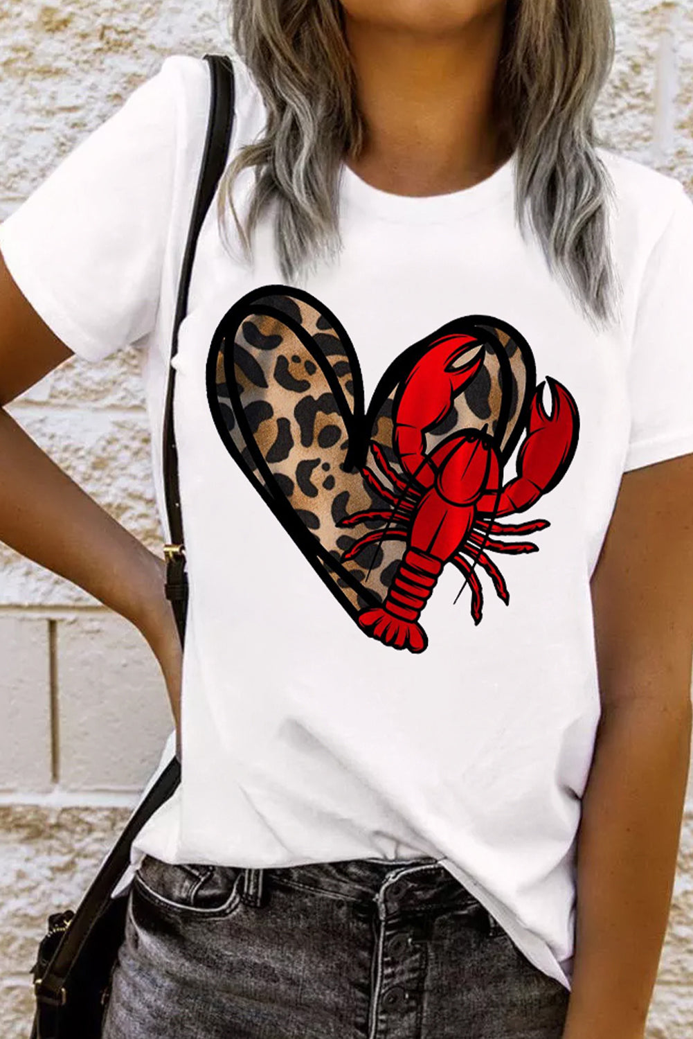 White Crawfish Leopard Heart Print Crewneck Tee Graphic Tees JT's Designer Fashion