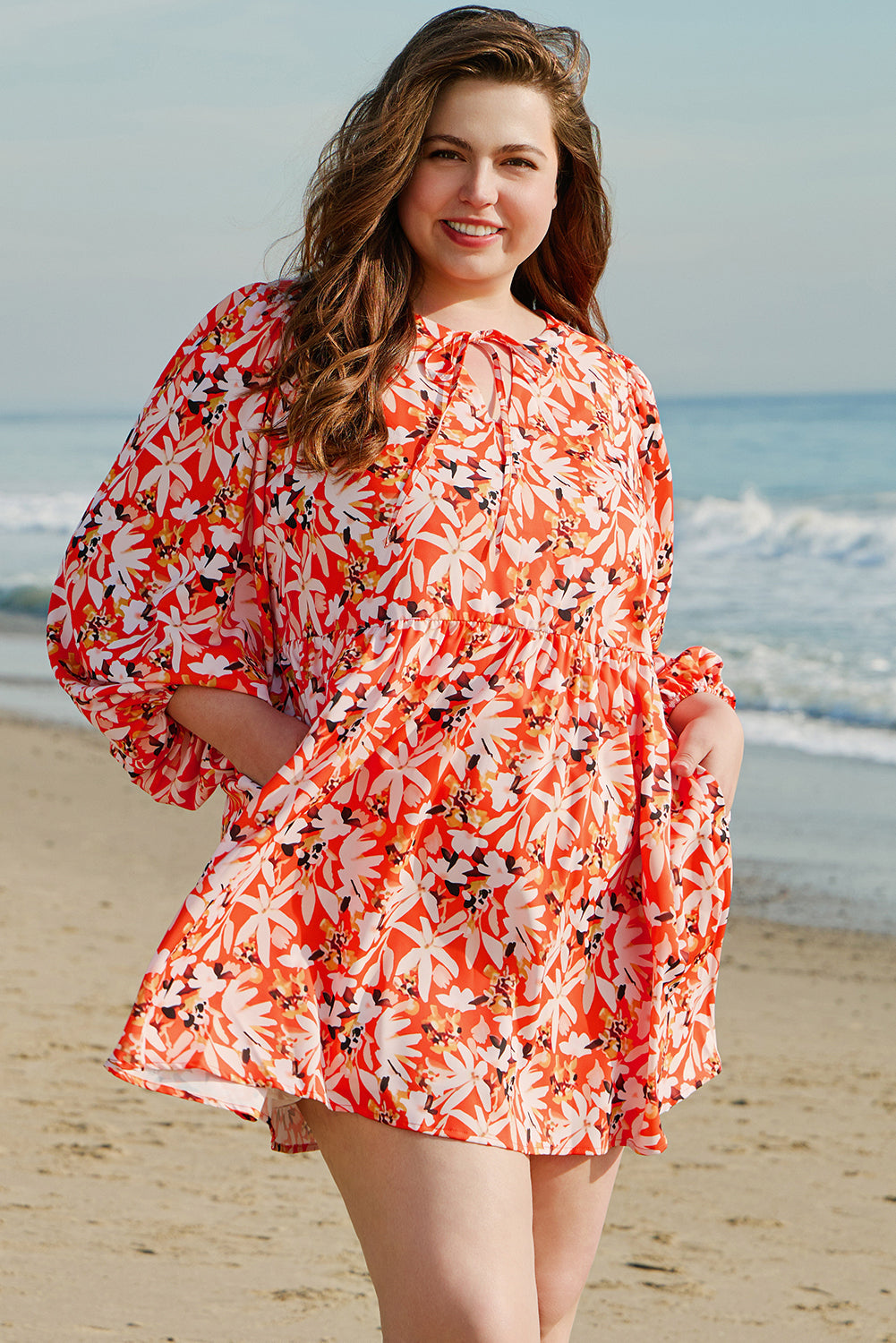 Orange Floral Print Split V Neck Bubble Sleeve Plus Size Midi Dress Plus Size Midi Dresses JT's Designer Fashion