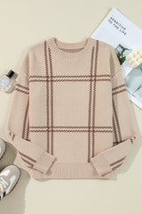 Khaki Plaid Pattern Knitted Drop Shoulder Sweater Sweaters JT's Designer Fashion